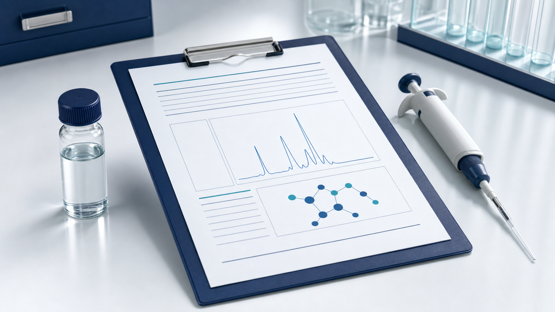Abstract laboratory analysis sheet beside an unlabeled research vial and precision pipette