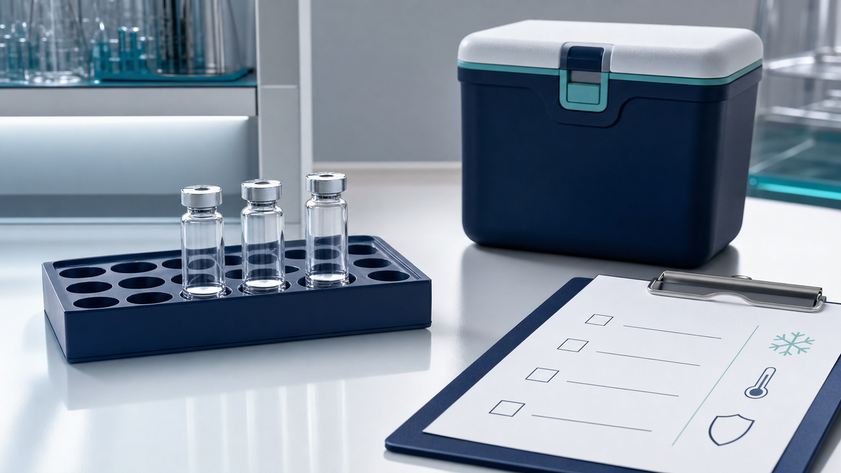 Three sealed research vials in a laboratory storage rack beside a text-free handling checklist