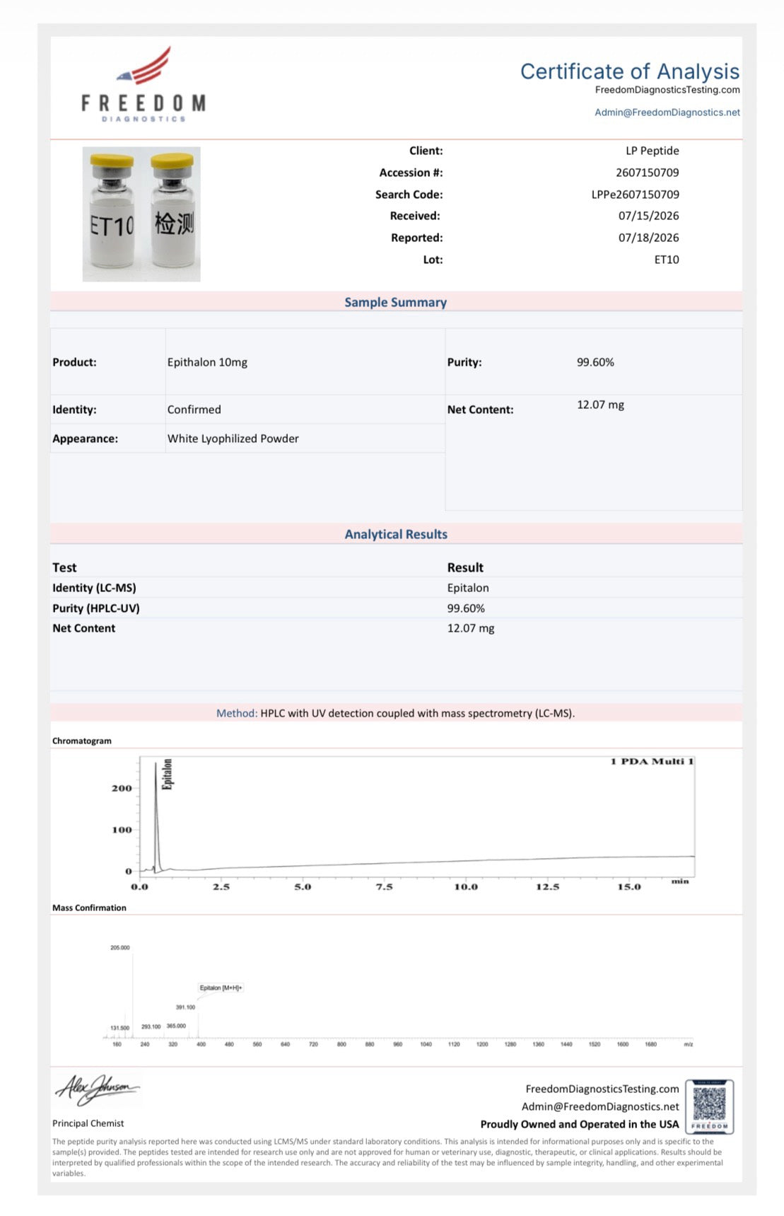 Freedom Diagnostics COA for Epithalon 10mg, lot ET10 — 99.60% purity