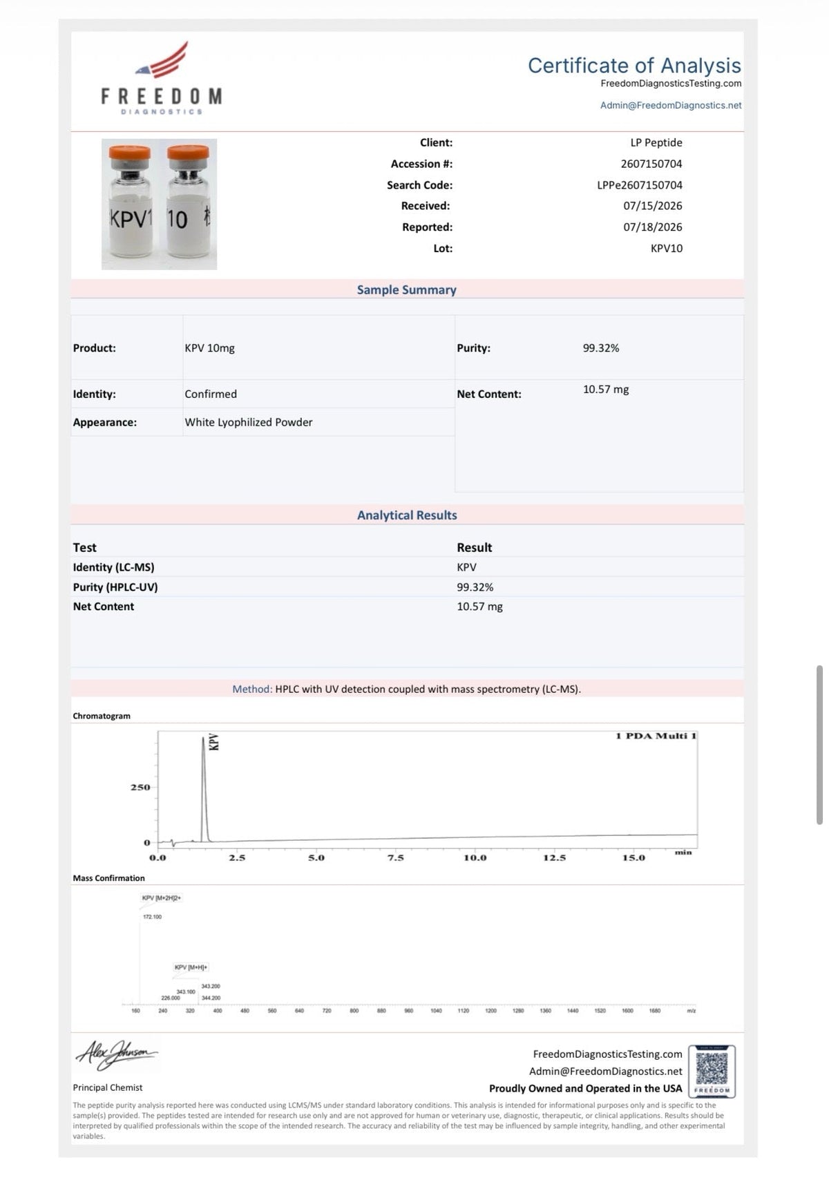 Freedom Diagnostics COA for KPV 10mg, lot KPV10 — 99.32% purity