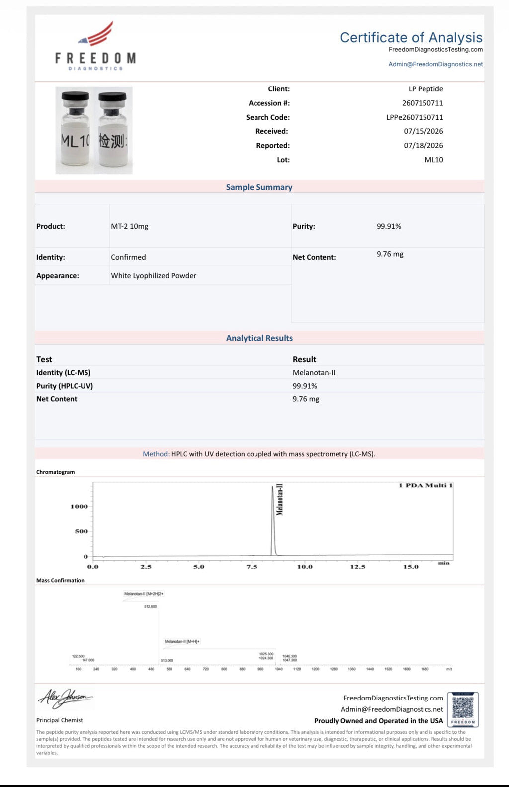Freedom Diagnostics COA for MT-2 (Melanotan II) 10mg, lot ML10 — 99.91% purity