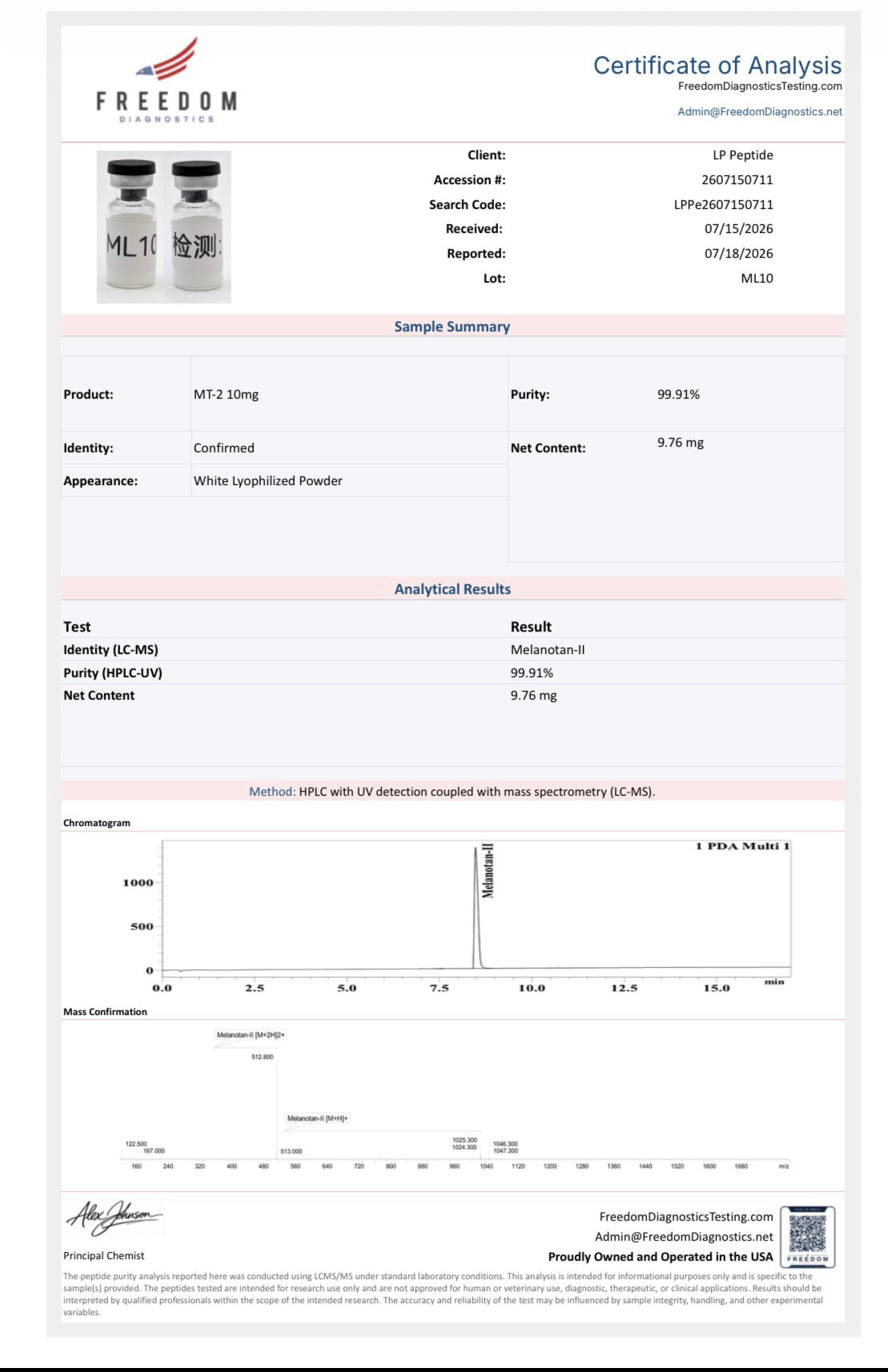 Freedom Diagnostics COA for MT-2 (Melanotan II) 10mg, lot ML10 — 99.91% purity