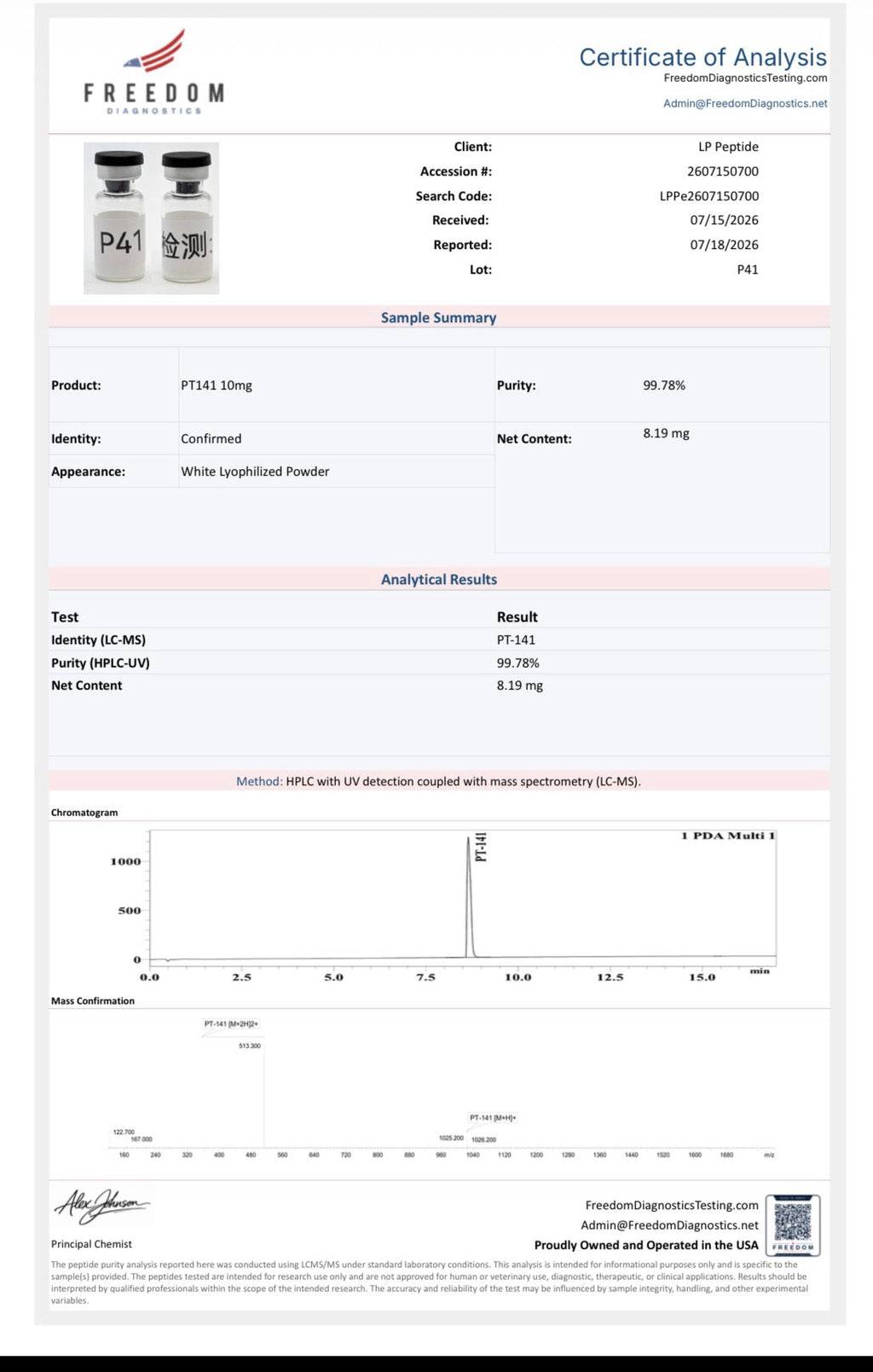 Freedom Diagnostics COA for PT-141 10mg, lot P41 — 99.78% purity