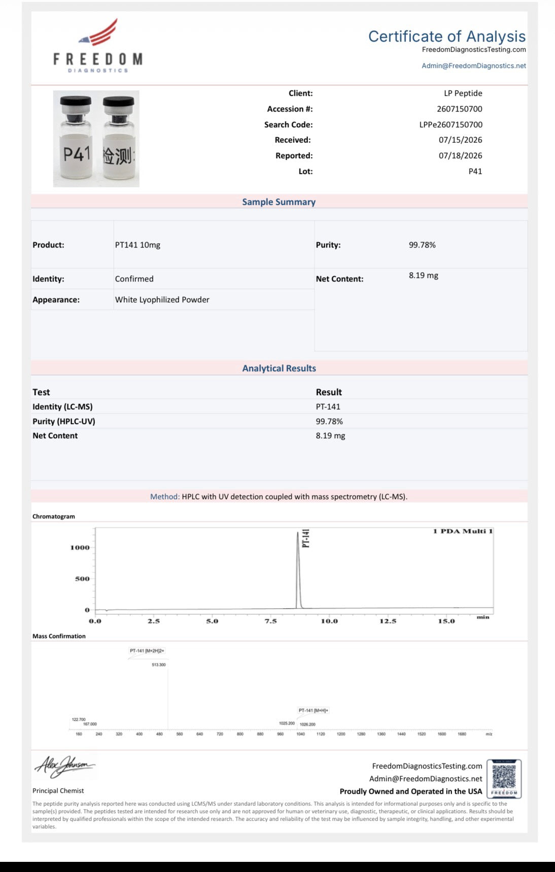 Freedom Diagnostics COA for PT-141 10mg, lot P41 — 99.78% purity
