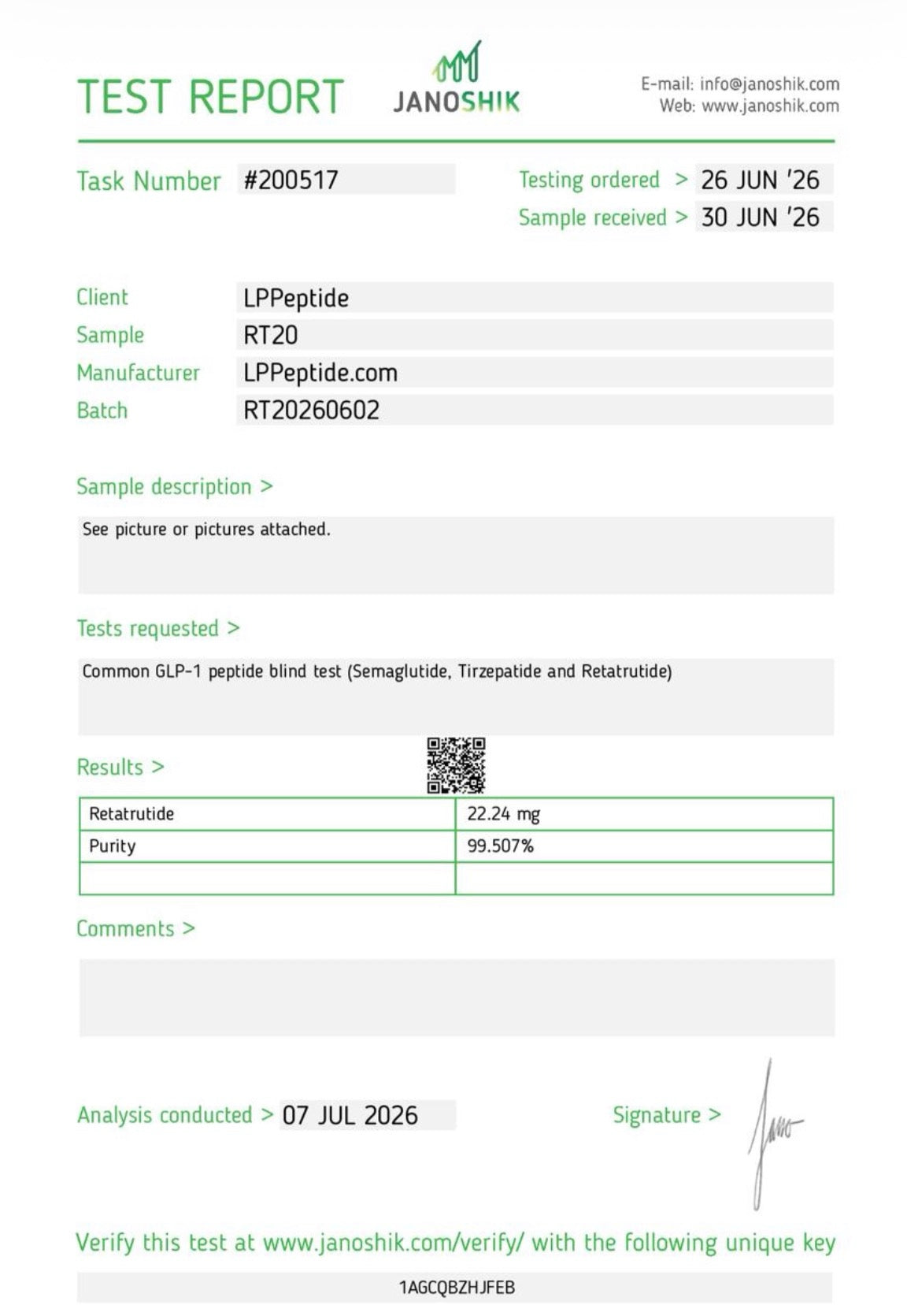 Janoshik test report for Retatrutide 20mg, batch RT20260602 — 99.507% purity