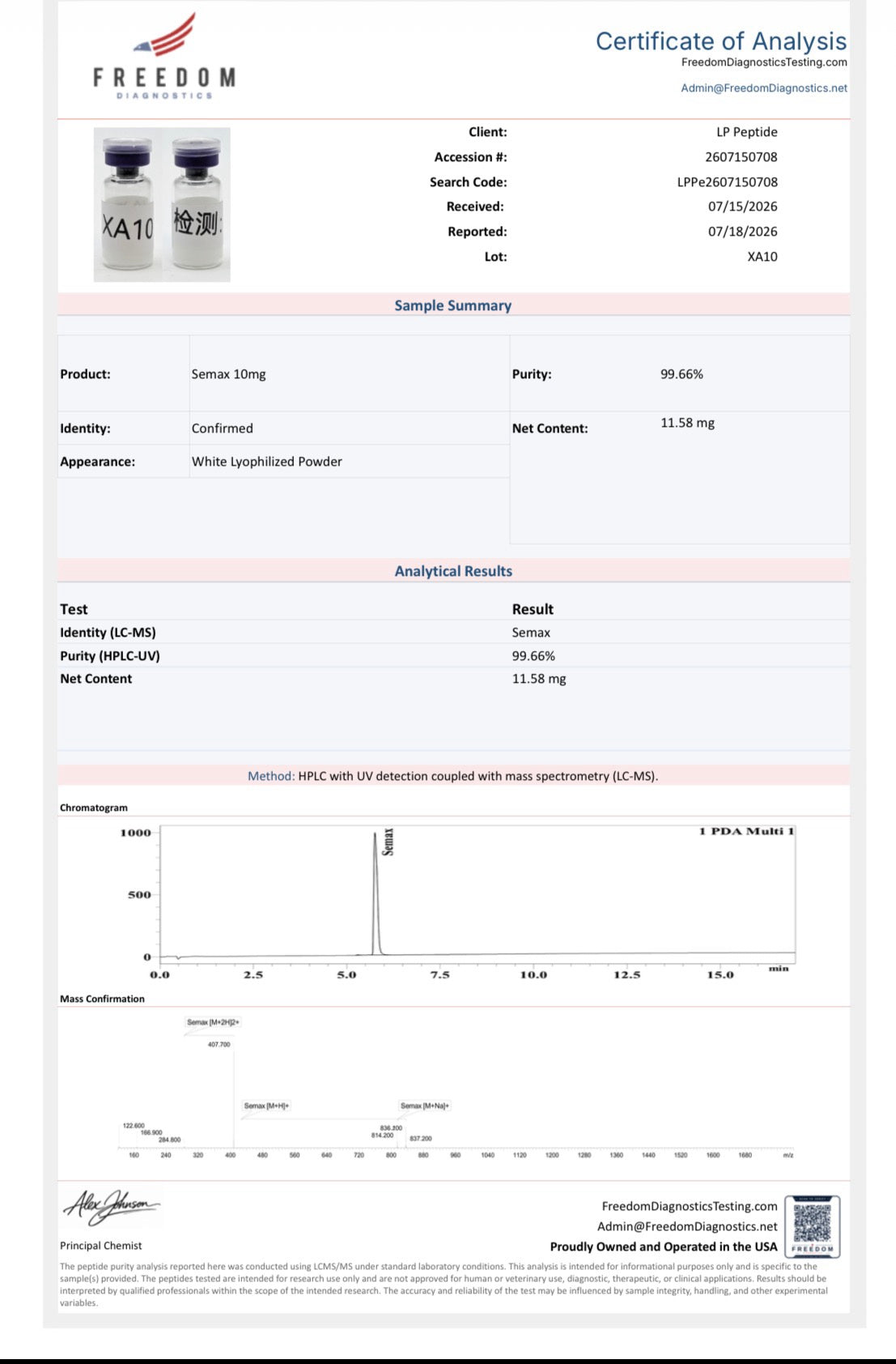 Freedom Diagnostics COA for Semax 10mg, lot XA10 — 99.66% purity