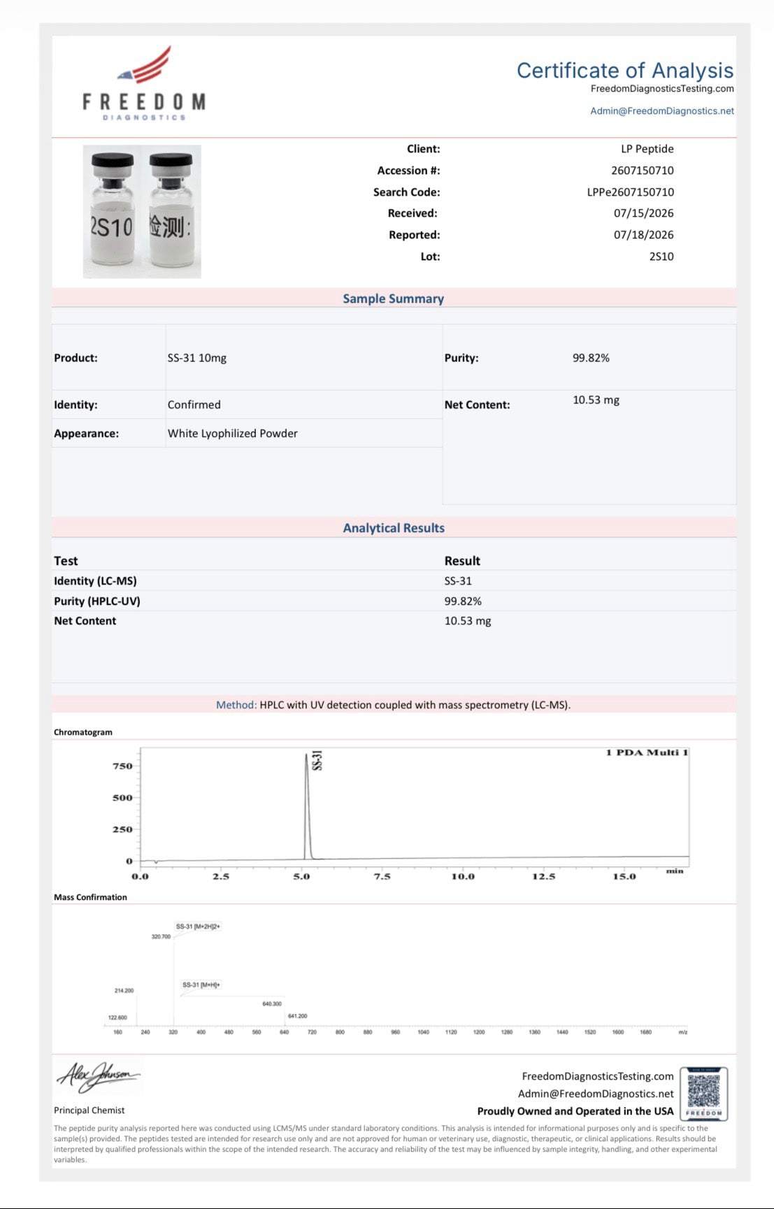 Freedom Diagnostics COA for SS-31 10mg, lot 2S10 — 99.82% purity